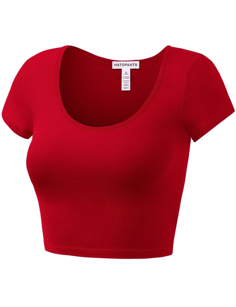 HATOPANTS Women's Cotton Crop Tops Short Sleeve Scoop Neck Stretchy Casual Shirt RED L - Image 2